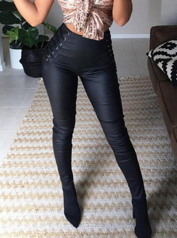 Lined Plush Side Strap Back Zipper Pencil Leather Pants