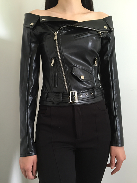 Off-the-shoulder Diagonal Zip Leather Jacket