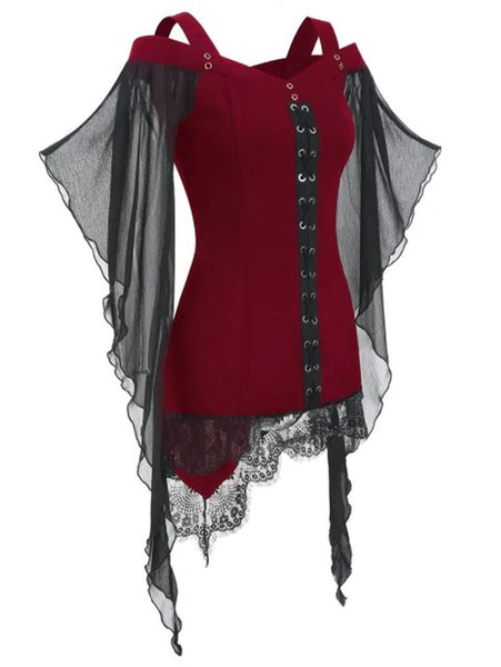 Irregular Lace Stitching Top With Large Swing Sleeves