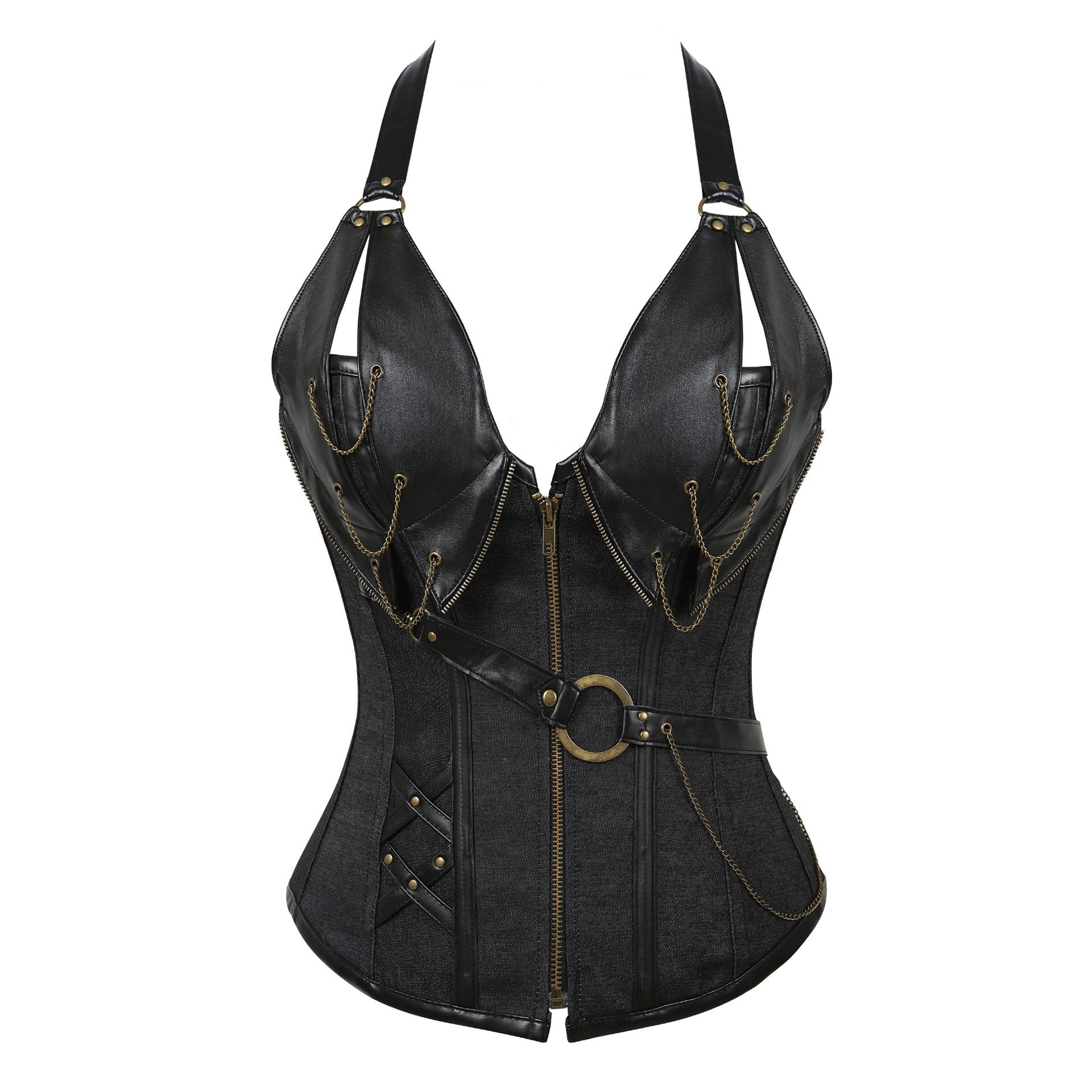 Punk Leather Corset With Belt Halterneck Top