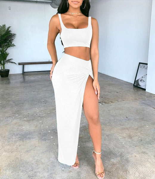 Sling Tube Top Mid-length Solid Color High Slit Skirt