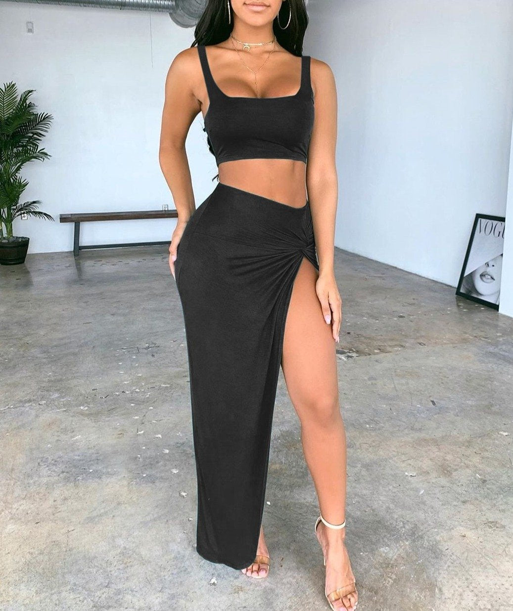 Sling Tube Top Mid-length Solid Color High Slit Skirt