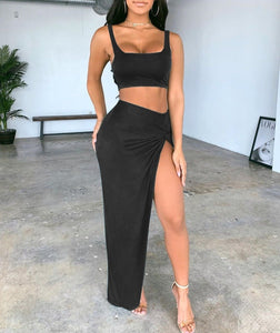 Sling Tube Top Mid-length Solid Color High Slit Skirt
