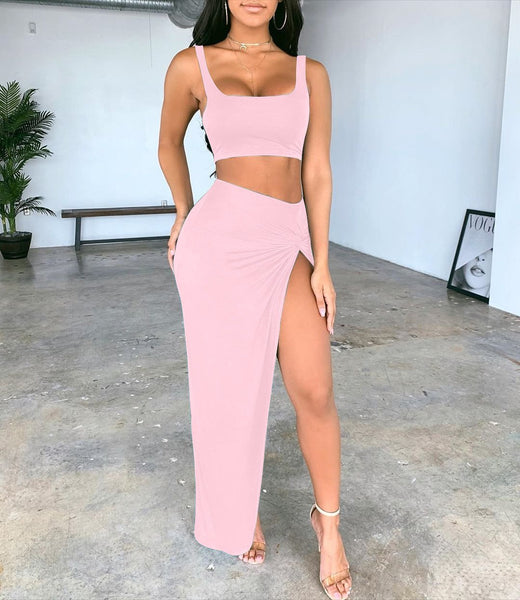 Sling Tube Top Mid-length Solid Color High Slit Skirt