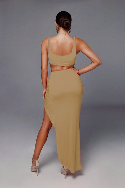 Sling Tube Top Mid-length Solid Color High Slit Skirt