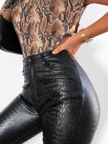 High Waist Crocodile Leather Zipper Leggings