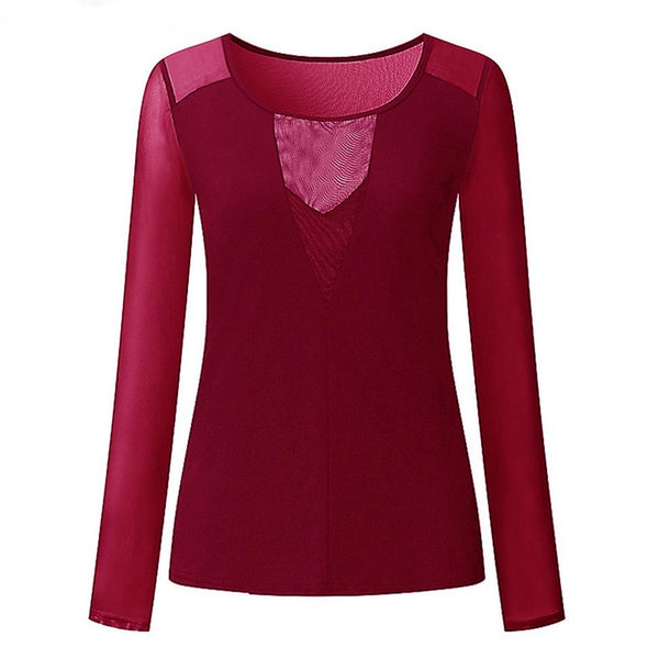 Sexy Slim V-neck Mesh Stitching Long Sleeve T-shirt