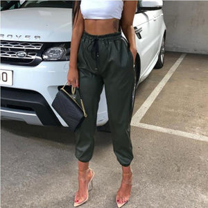 High Elastic Strapped Leather Pants