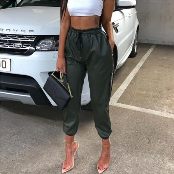 High Elastic Strapped Leather Pants