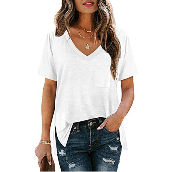 V-neck Solid Color Short Sleeves