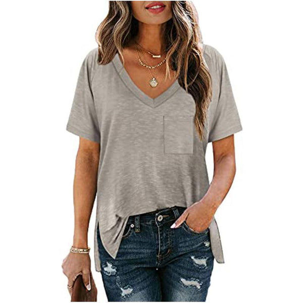 V-neck Solid Color Short Sleeves
