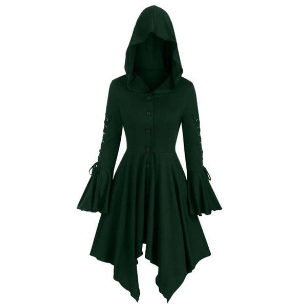 Lace-up Hooded Ruffled Sleeves Rrregular Hem Thin Coat