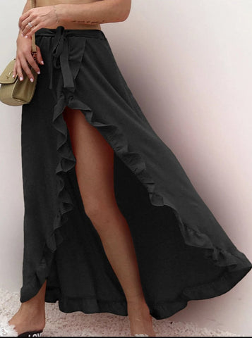 Ruffle lace up skirt sexy high waist cross skirt slit skirt Holiday Beach skirt