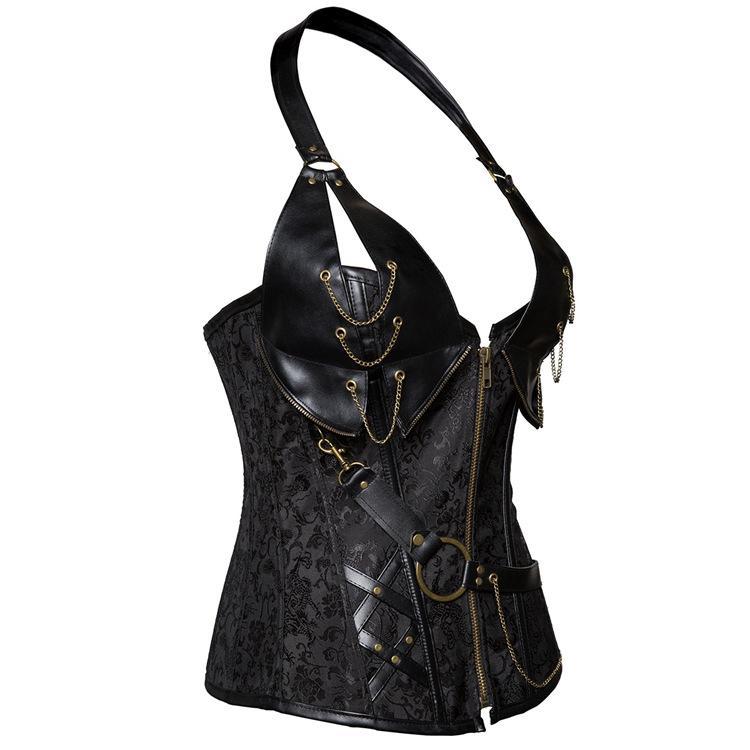 Punk Leather Corset With Belt Halterneck Top