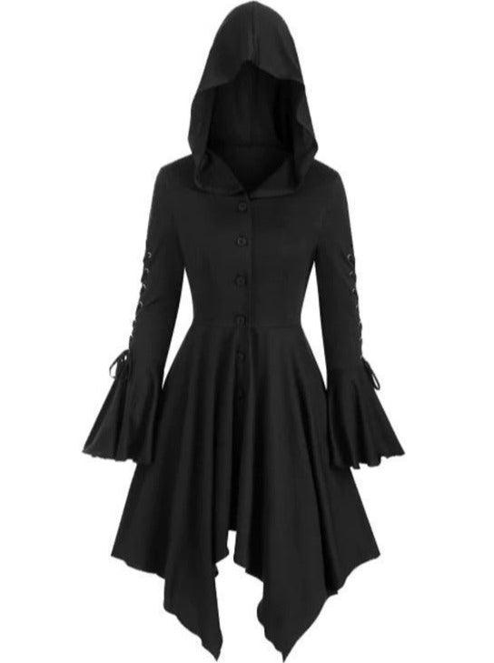 Lace-up Hooded Ruffled Sleeves Rrregular Hem Thin Coat