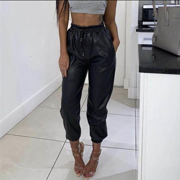 High Elastic Strapped Leather Pants