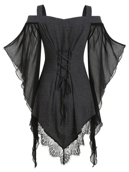Irregular Lace Stitching Top With Large Swing Sleeves
