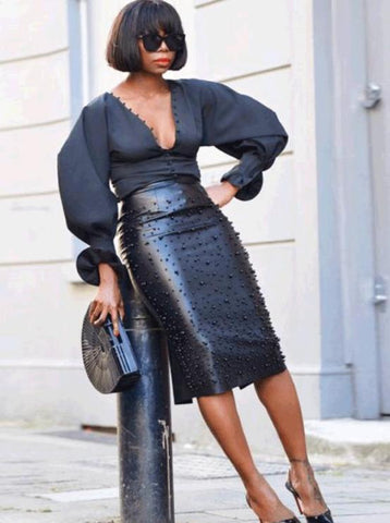 Large Stretch Leather Skirt With Irregular Beaded Back Slit