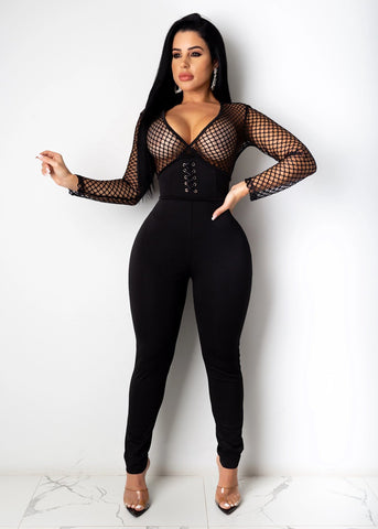 Fashion Mesh Stitching Deep V Women's Jumpsuit