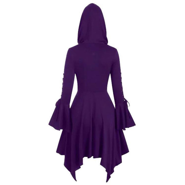 Lace-up Hooded Ruffled Sleeves Rrregular Hem Thin Coat