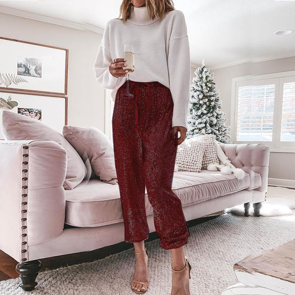 Ruffled Sequin Drawstring High Waist Slacks