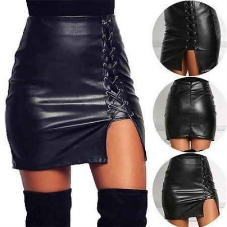 Tie Hem Split Leather High Waist Bag Hip Skirt