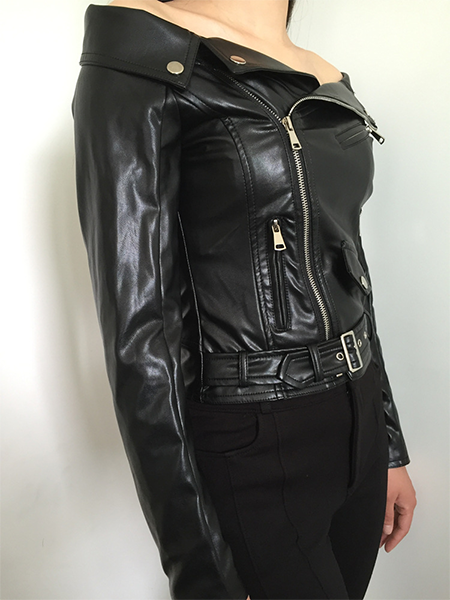 Off-the-shoulder Diagonal Zip Leather Jacket